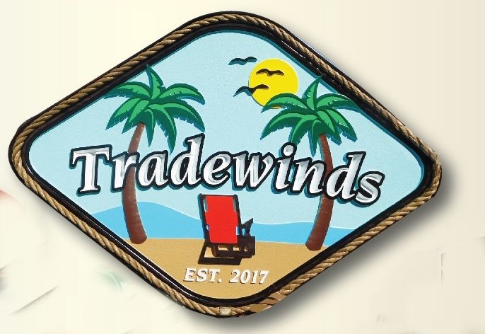 L21027- Carved Beach House Sign "Tradewinds" with, Chairs, Palm Tree and Ocean Sun and Name Plate
