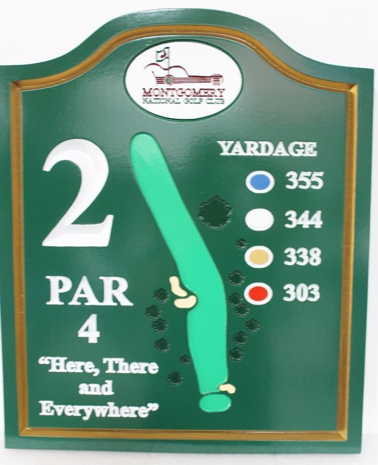 E14313 - Carved HDU Golf Course Tee #2 Sign for the Montgomery National Golf Club , with Hole Layout and Yardages