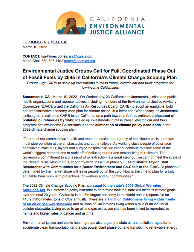 Environmental Justice Groups Call for Full, Coordinated Phase Out of Fossil Fuels by 2045 in California’s Climate Change Scoping Plan
