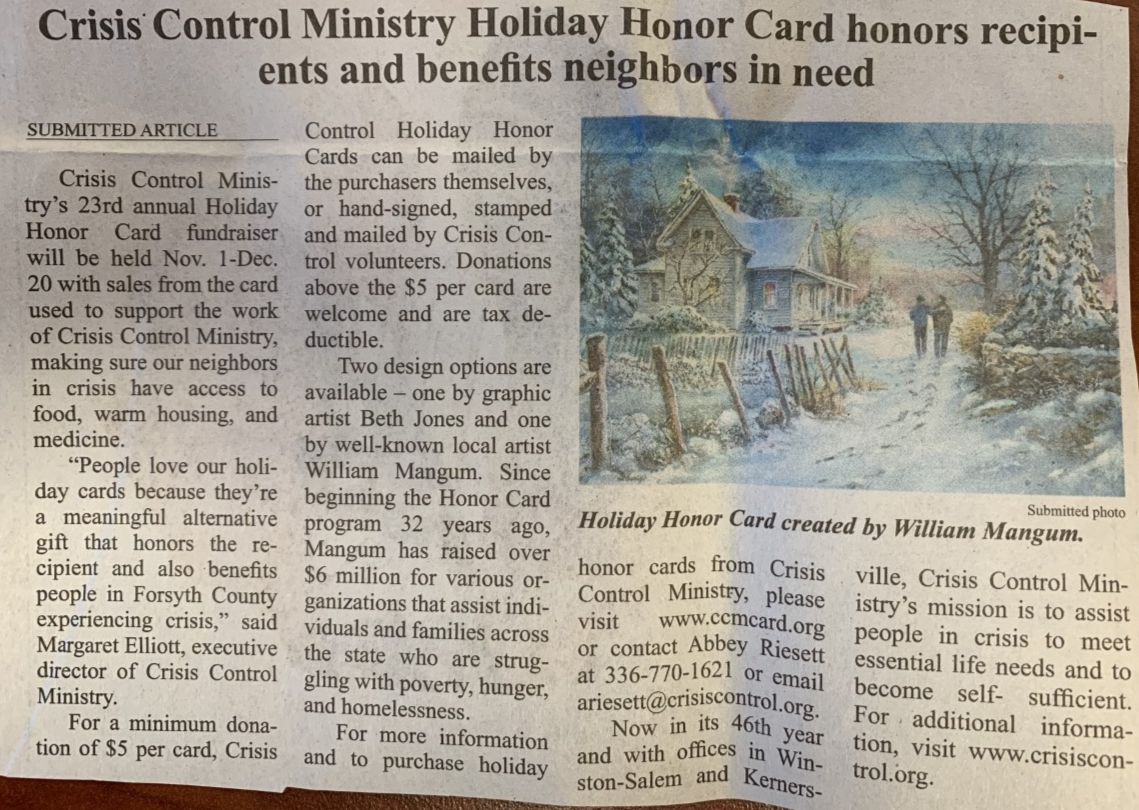 The Chronicle: Crisis Control Ministry Holiday Honor Card honors recipients and benefits neighbors in need