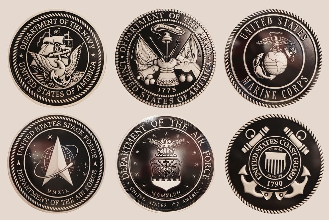 IP-1205- Set of Carved Plaques of the Seals of Six Armed Forces, Hand-rubbed Black over Silver-Gray Paint