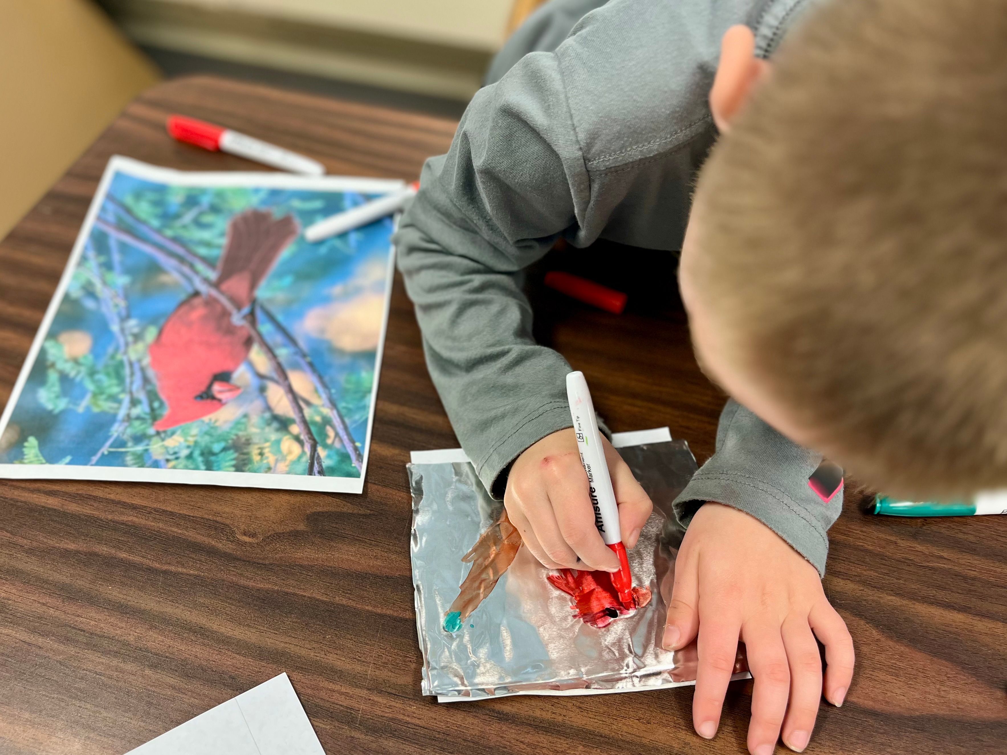Boy drawing a bird at his school desk