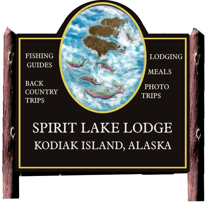 M22876 - Carved HDU Fishing Lodge  Sign, 3-D Artwork of three Bears Catching Salmon in River