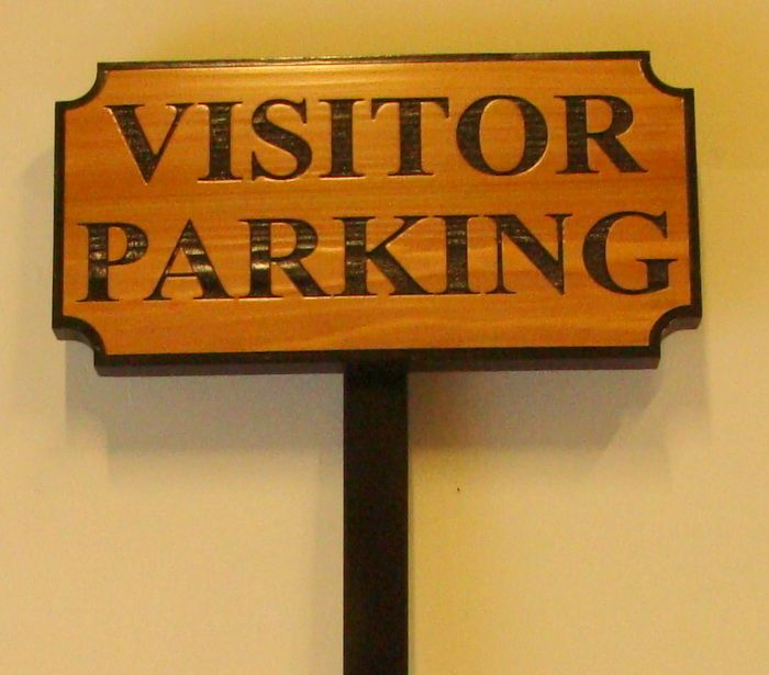 KA20686 - Carved Cedar Wood "Visitor Parking" Sign with Iron Post