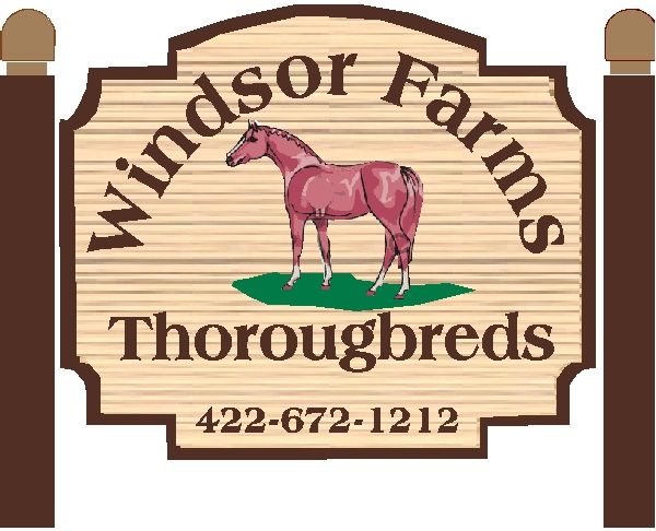 P25130 - Design of Wood Grain, Sandblasted HDU "Windsor Farms " Sign with Horse in Profile 