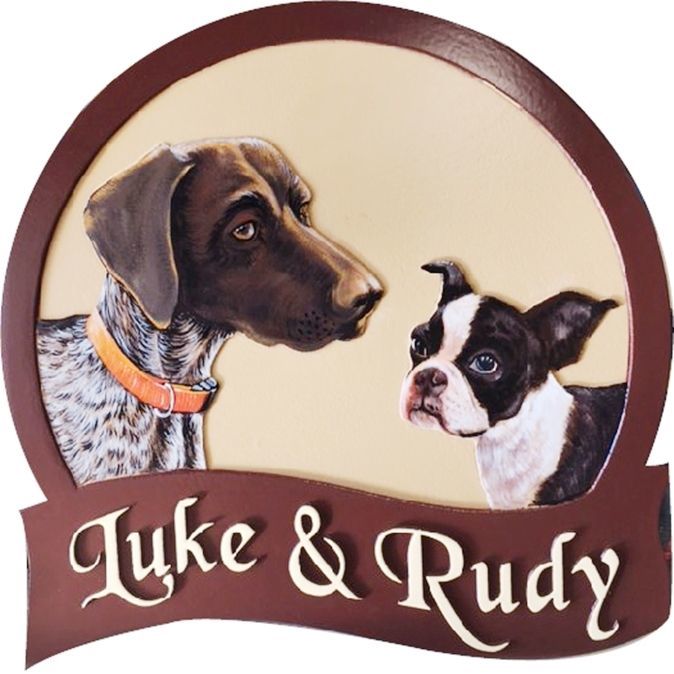 M22926 -  Carved 2.5-D Multi-level Relief HDU  Name  Sign "Luke and Rudy", featuring Two Pet Dogs as Artwork. 