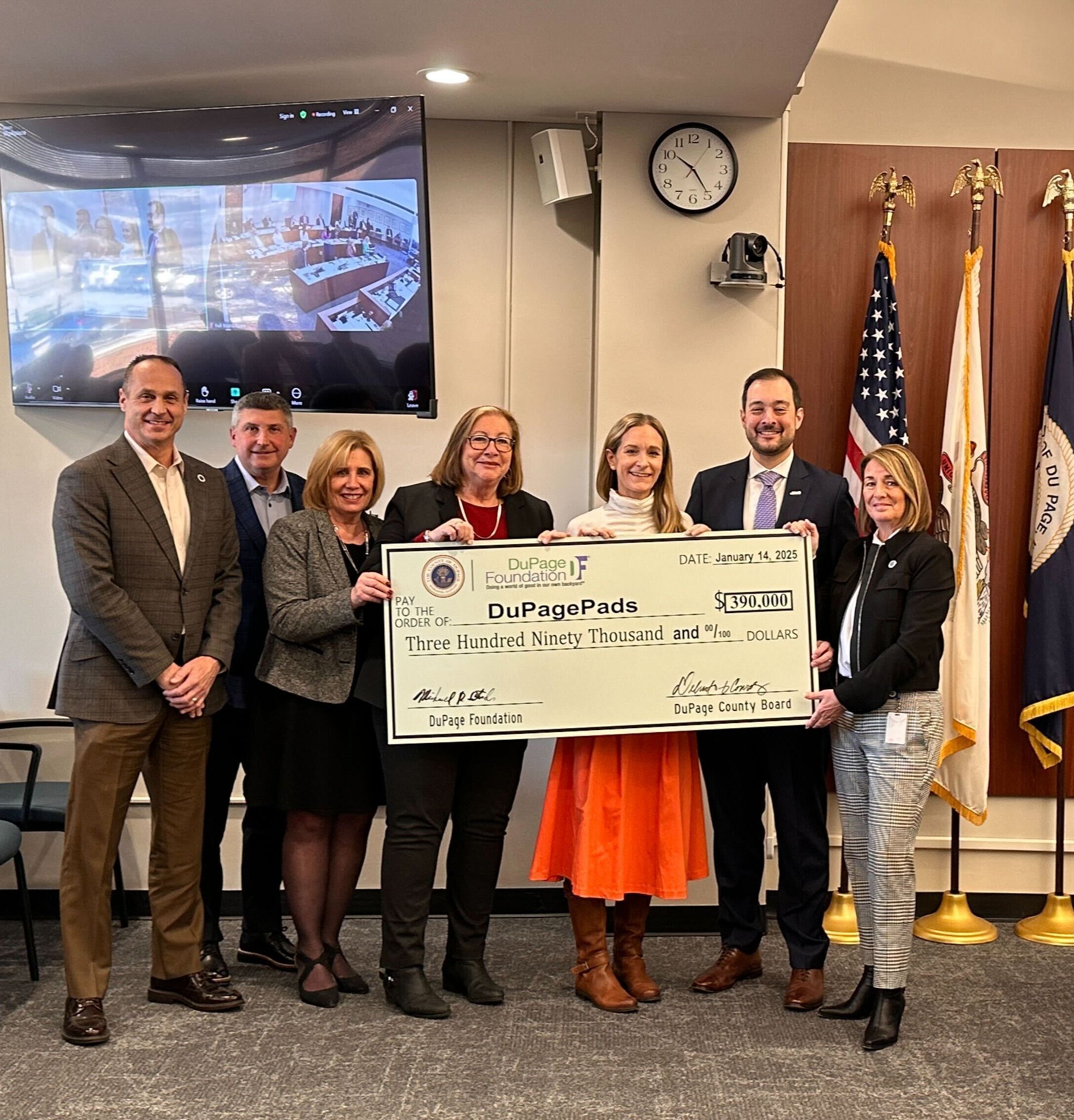 Pictured left to right: County Board Member Greg Schwarze, DuPage Foundation Chair Bill Blum, DuPage Foundation Vice President for Programs Barb Szczepaniak, County Board Member Paul Deacon Garcia, DuPagePads President &CEO April Redzic, DuPage Foundation