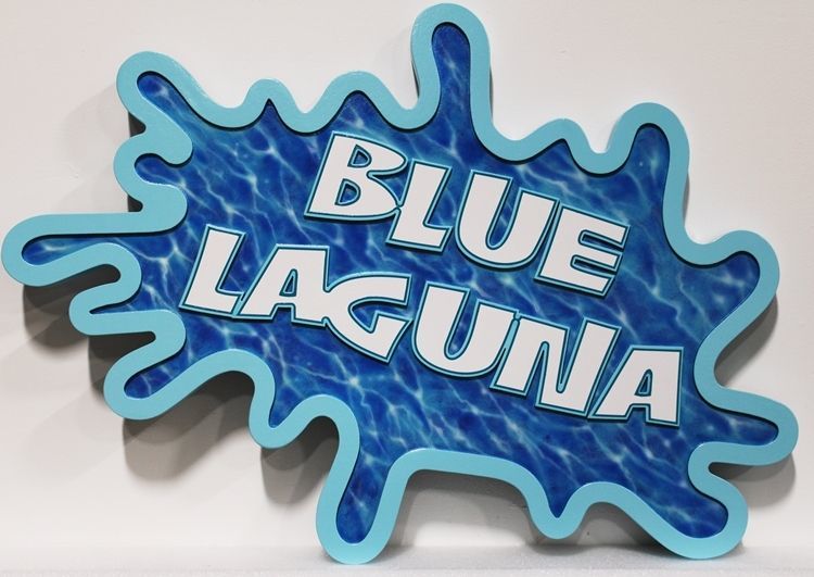 L21072 - Carved 2.5-D Coastal House Sign "Blue Lagoona", , with a Splash of Sea Water as Artwork