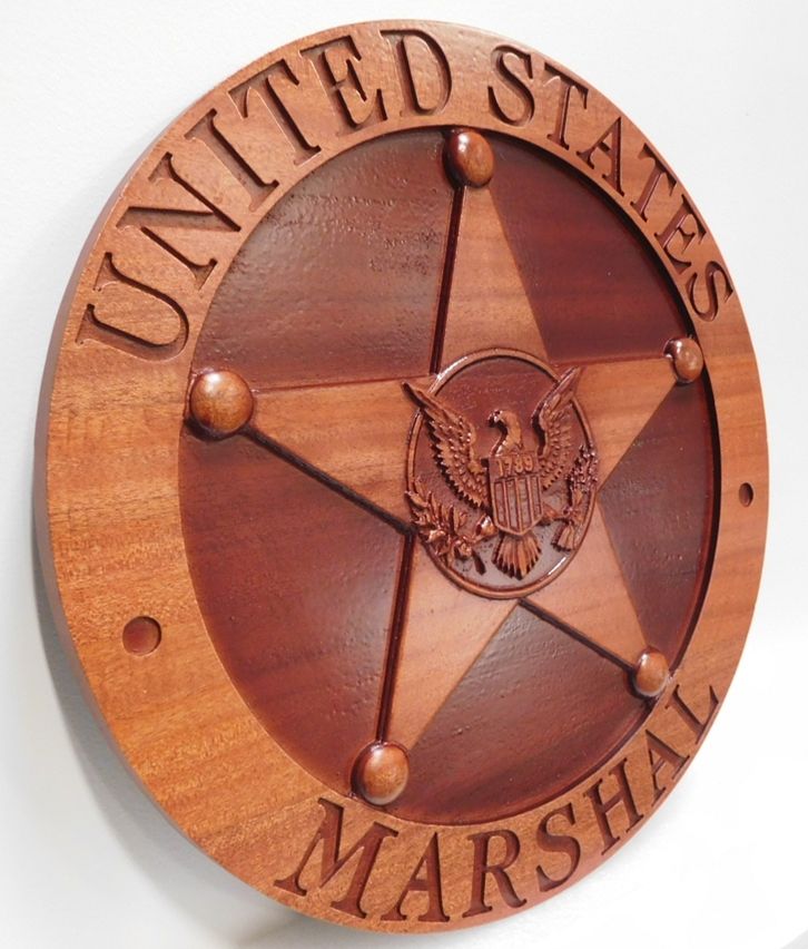 AP-2514 - Carved Plaque of the Badge of the United States Marshal Service, Department of Justice. Mahogany (Side View)