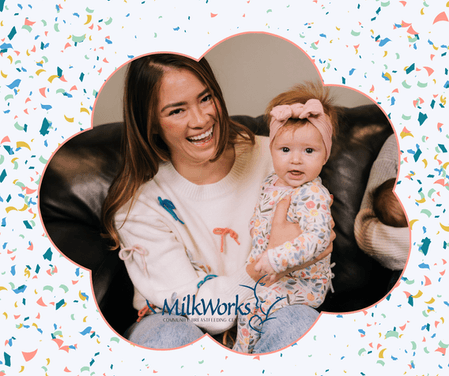 Graphic including multi colored confetti and a cloud shaped photo frame in the center. The photo is of a mom and baby, smiling at the camera.