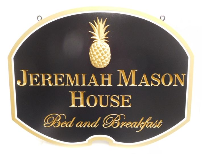 T29051 - Beautiful and Elegant Engraved Sign made for the "Jeremiah Mason House" Bed & Breakfast (B&B), with 3-D Carved Pineapple as Artwork. 