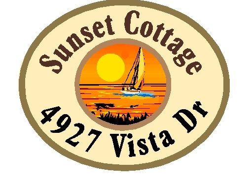 L21262 - Beach Cottage Address Sign for "Sunset Cottage", with Setting Sun and  Sailboat