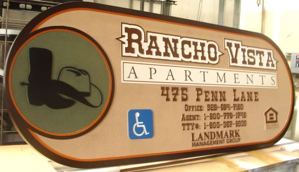 K20127-Apartment Sign in Carved, Sandblasted HDU with Carved Image of Western Boots and Western Hat 