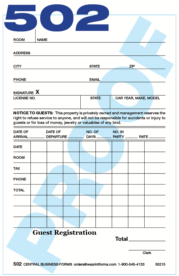 Guest Registration, Registration cards and forms