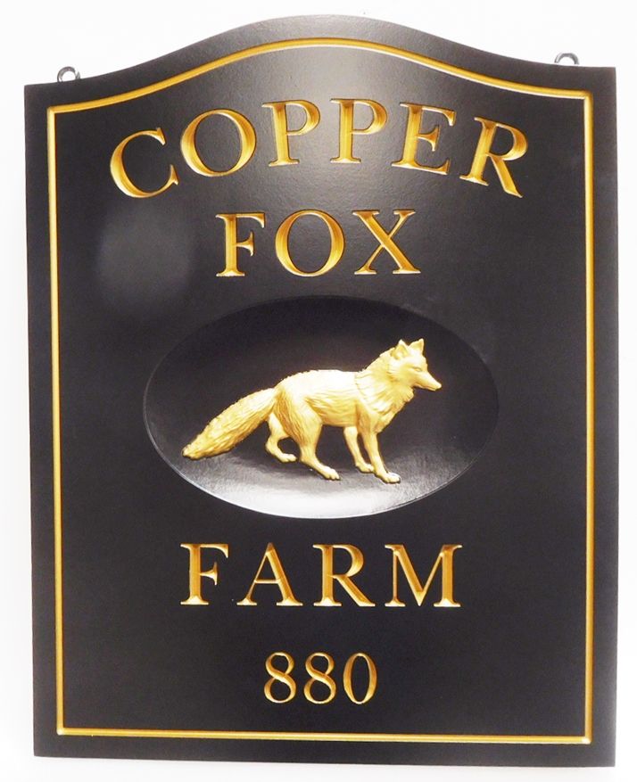 M22911 -  HDU  "Copper Fox Farm"  Name and Address Number Sign,  Artist Painted with 24K Gold Leaf Gilded Text and 3-D Carved Fox 