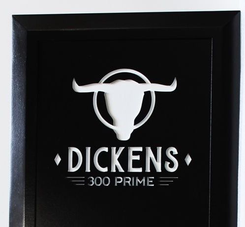 Q25021 - Engraved HDU Sign for "Dickens" Restaurant with its Logo, the Head of a Steer, as Artwork 