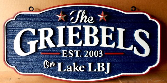 M22408 - Carved and Sandblasted (Wood Grain)  Name Sign for Lake Home with Carved Stars