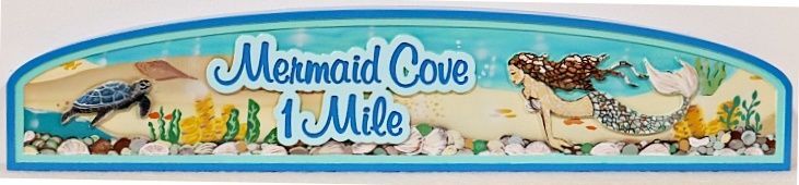 L21911- Carved 2.5-D Raised Relief HDU Sign for "Mermaid Cove, 1 Mile" with Artwork