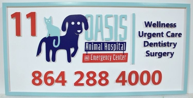 BB11783 - Carved 2.5-D Multi-Level Raised Relief HDU  Sign for the Oasis Animal Hospital, with a Stylized Dog and Cat as Artwork.