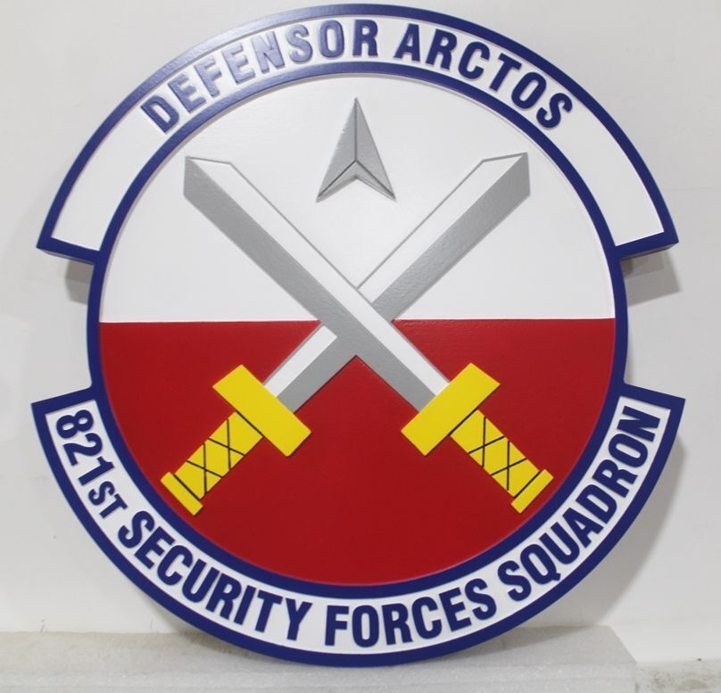 LP-7434- Carved 2.5-D Multi-Level Plaque of the Crest of the Air Force 821st Security Forces Squadron