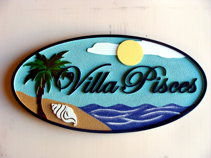 Carved Wooden Seas Beach And Nautical Signs Plaques L21104 Beach House Sign Villa Pisces With Palm And Seashell
