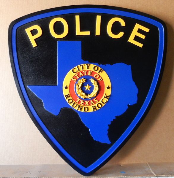 PP-2240 - Carved  Wall Plaque of the Shoulder Patch of the Round Rock City Police, Texas, Artist Painted