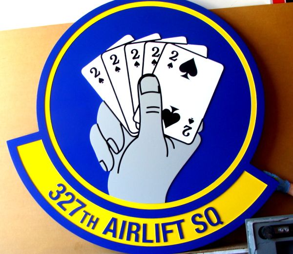 LP-5660 - Carved Round Plaque of the Crest of the 327th Airlift Squadron,  2.5-D Artist Painted
