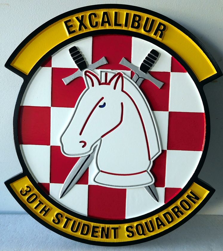 LP-5120 - Carved Round  Plaque of the Crest of the 30th Student  Squadron, "Excaliber",  Artist Painted