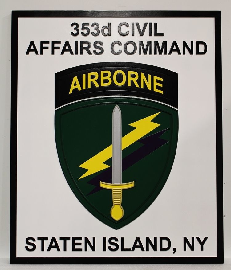 MP-2405 - Carved 2.5-D  HDU Plaque of the Crest of the 353rd Civil Affairs Command for an Airborne Unit , Staten Island, N.Y., US Army  