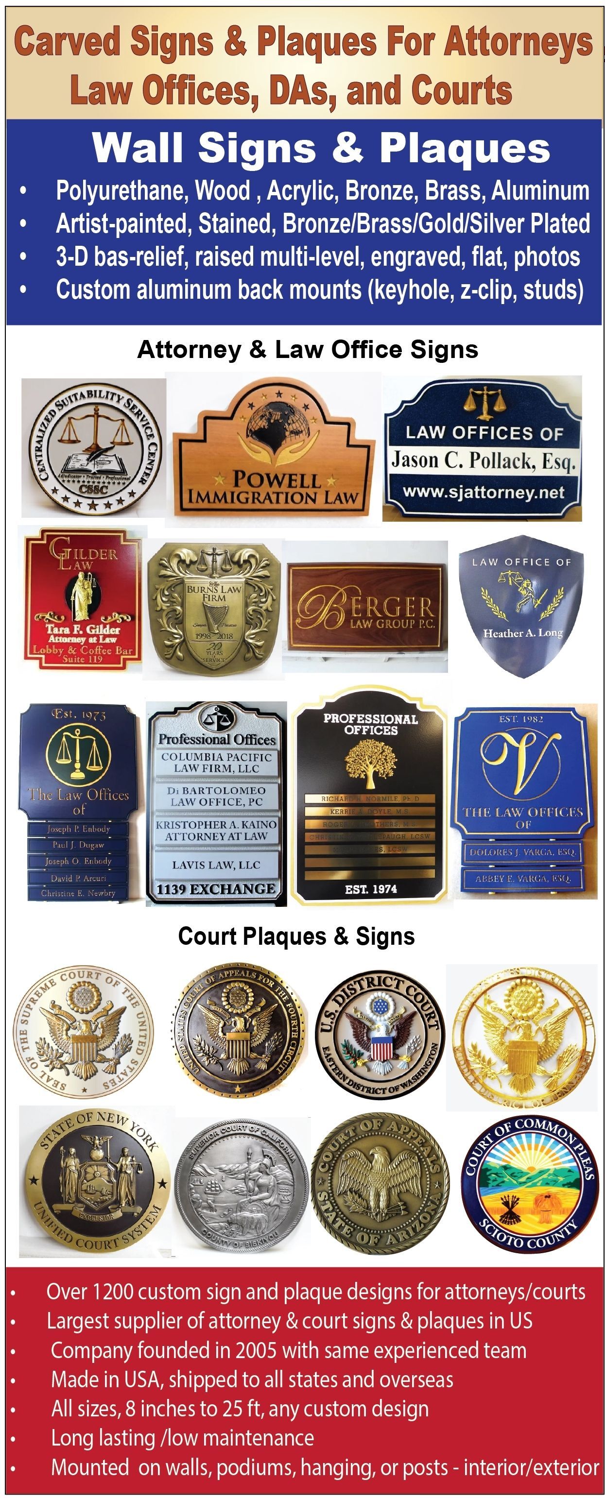 Carved Attorney and lawyer signs and shingles and Federal, State and County Seal Plaques