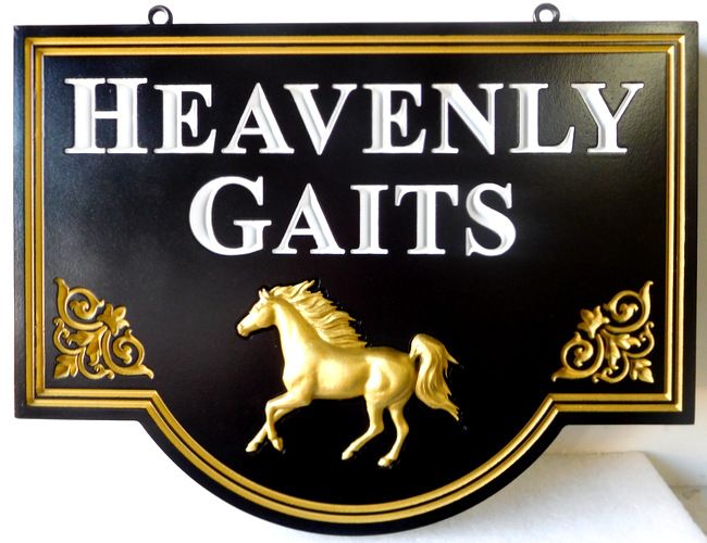 P25036 - Elegant Engraved Equine HDU Sign for Equestrian Farm with 3-D Carved Horse (Gold-Leaf Gilt) 