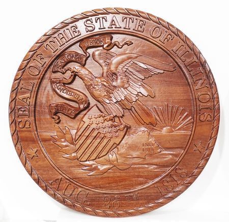 BP-1213 - Carved 3-D Bas-Relief Mahogany Wood Plaque of the Great Seal of the State of Illinois 