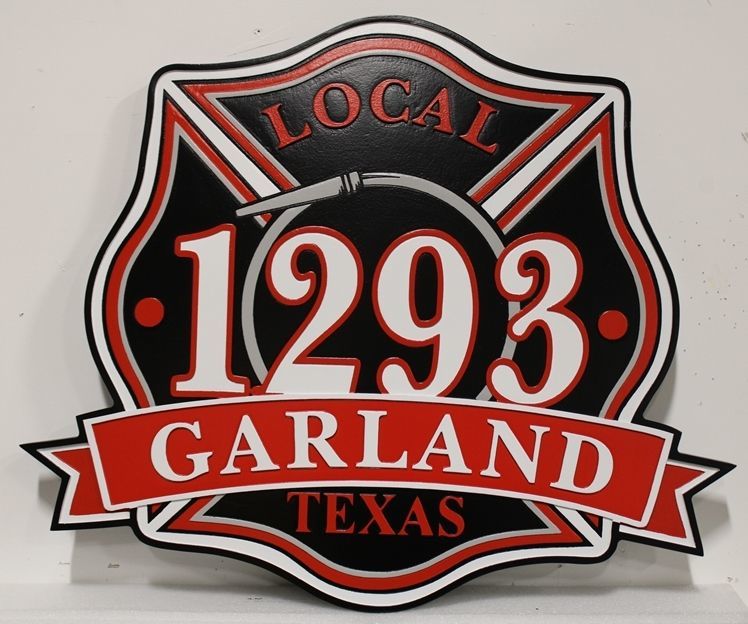 QP-1167 - Carved 2.5-D HDU Plaque of the Badge of  the Fire Department , Local 1293, Garland, Texas