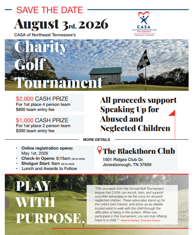 Registration opens May 1, 2026 for this annual favorite. Get your team together now, and get ready to tee off against child abuse! 