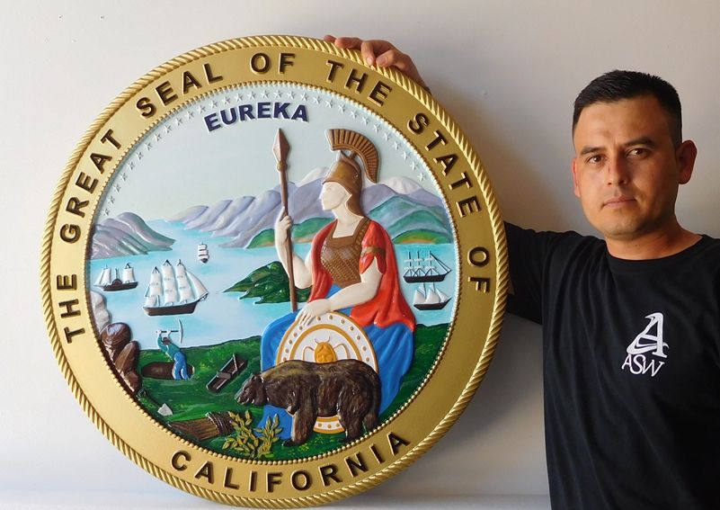 W32028 -Carved 3-D, Artist-Painted, Seal of the State of California Wall Plaque 