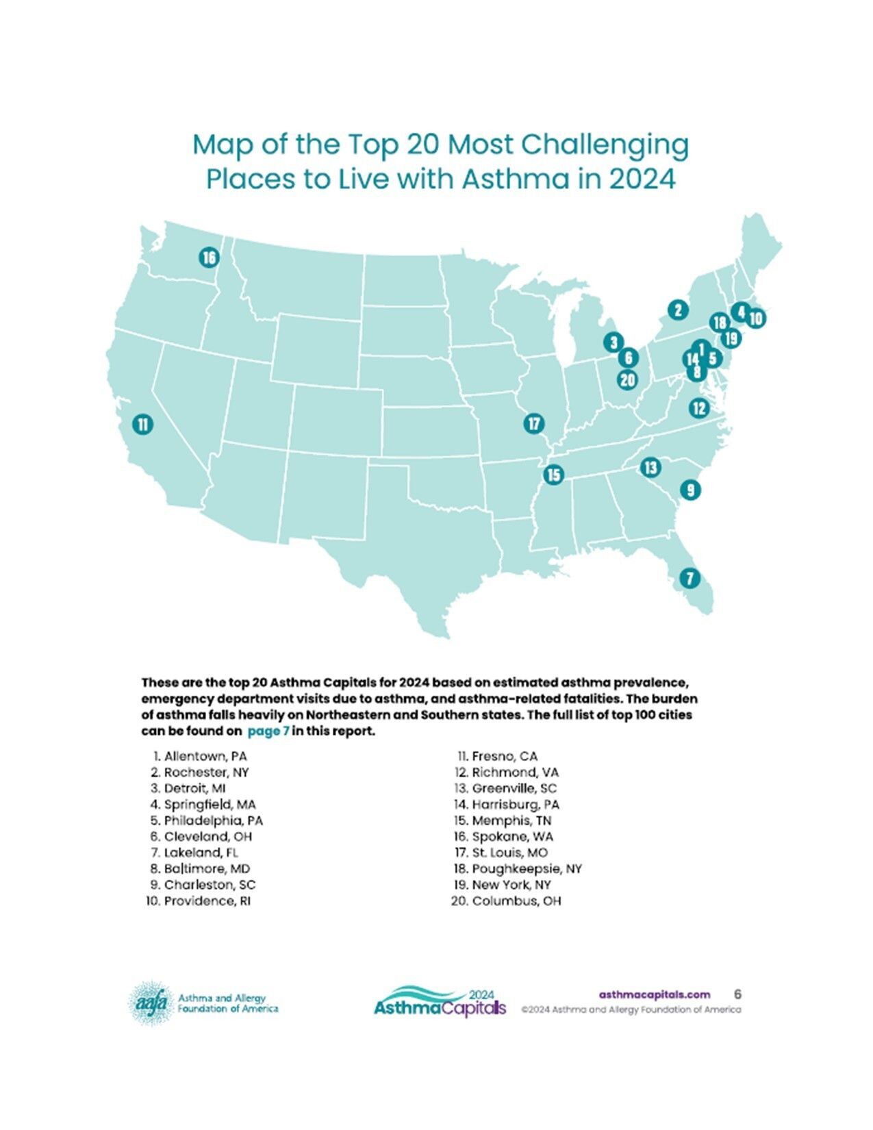 AAFA 2024 Asthma Capitals Map