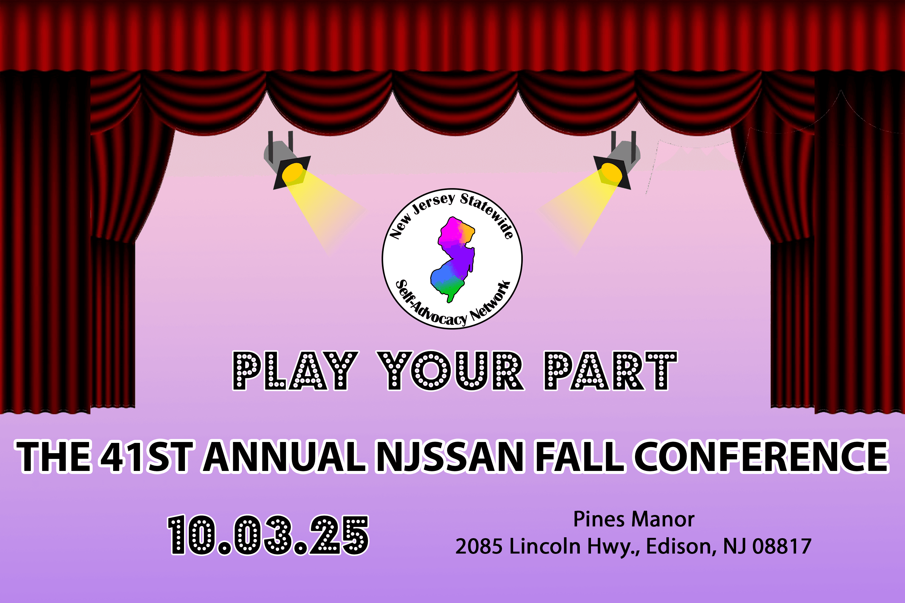 The 41st Annual NJSSAN Fall Conference purple stage with lights and rede curtains, 10.3.25 at Pines Manor