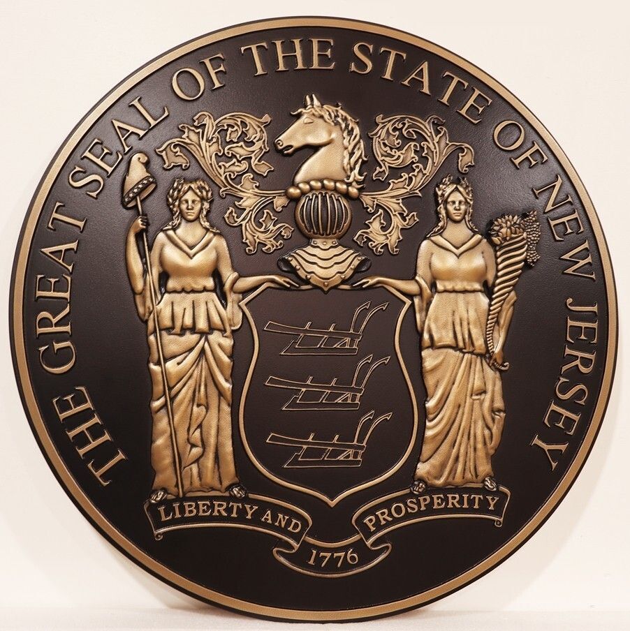 BP-1353- Carved 3-D Bas-Relief Dark Bronze-Plated HDU Plaque of the Great Seal of the State of New Jersey 