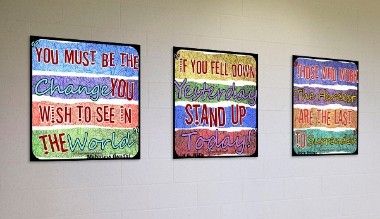 3 school signs, famous quotes signs, multi colored, Gandhi quote, HG Wells quote, YOLO sign