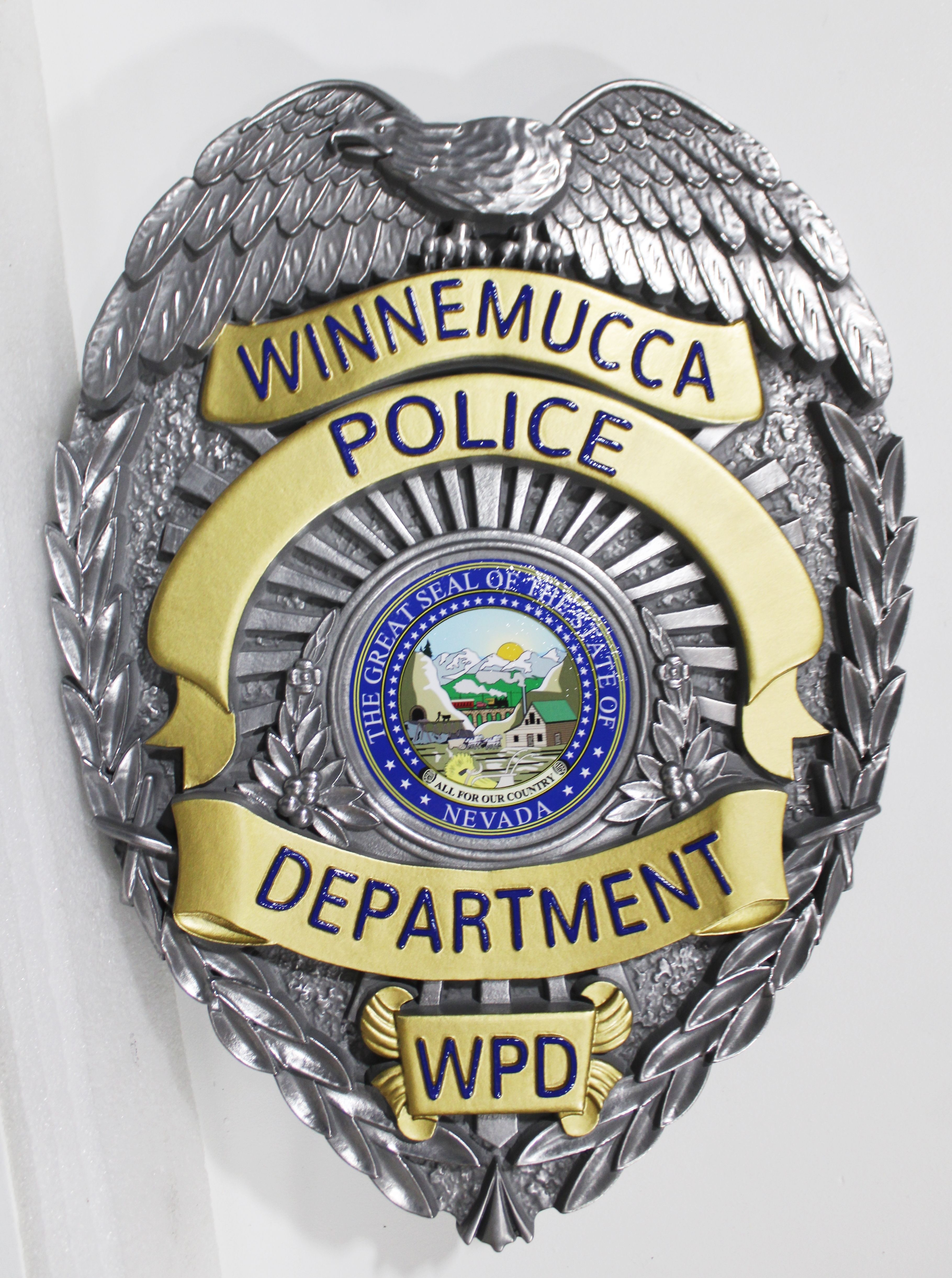PP-1518 - Carved  3-D Bas-relief Plaque of the Badge of a Police Officer,  Winnemucca Police Department, Nevada