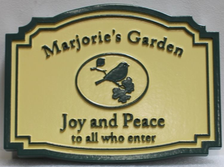 GA16716 - Carved High-Density-Urethane (HDU) Sign for Marjorie's Garden, with a Songbird Perched on a Branch as Artwork 