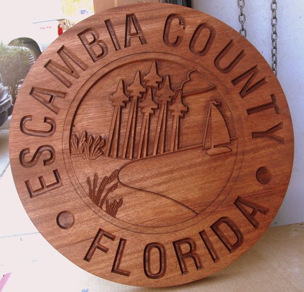 WM1090 - Seal of  Escambia County, Florida, Engraved Stained Mahogany