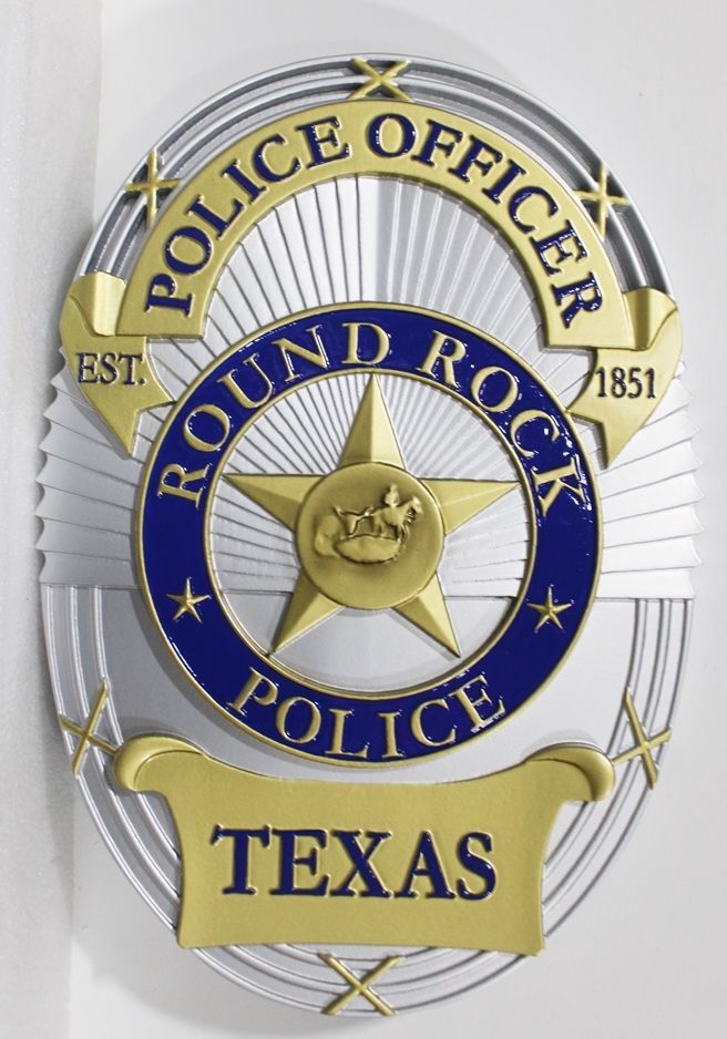 PP-1517 - Carved  3-D Bas-relief Plaque of the Badge of a Police Officer, Round Rock, Texas