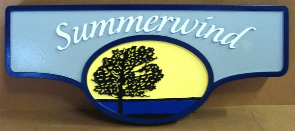 I18322 - Carved and Sandblasted HDU Property Name Sign "Summerwind", with Lone Oak Tree against Skyline
