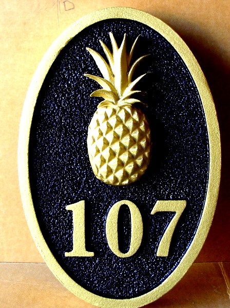 I18451 - Address Door Plaque, with Gold 3-D Carved Pineapple