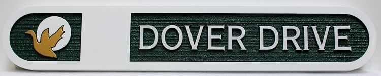 H17097- Carved 2.5-D Raised Relief Sandblasted Wood Grain Background High-Density-Urethane (HDU) Name Street Name Sign  " Dover Drive", with Flying Goose as Artwork