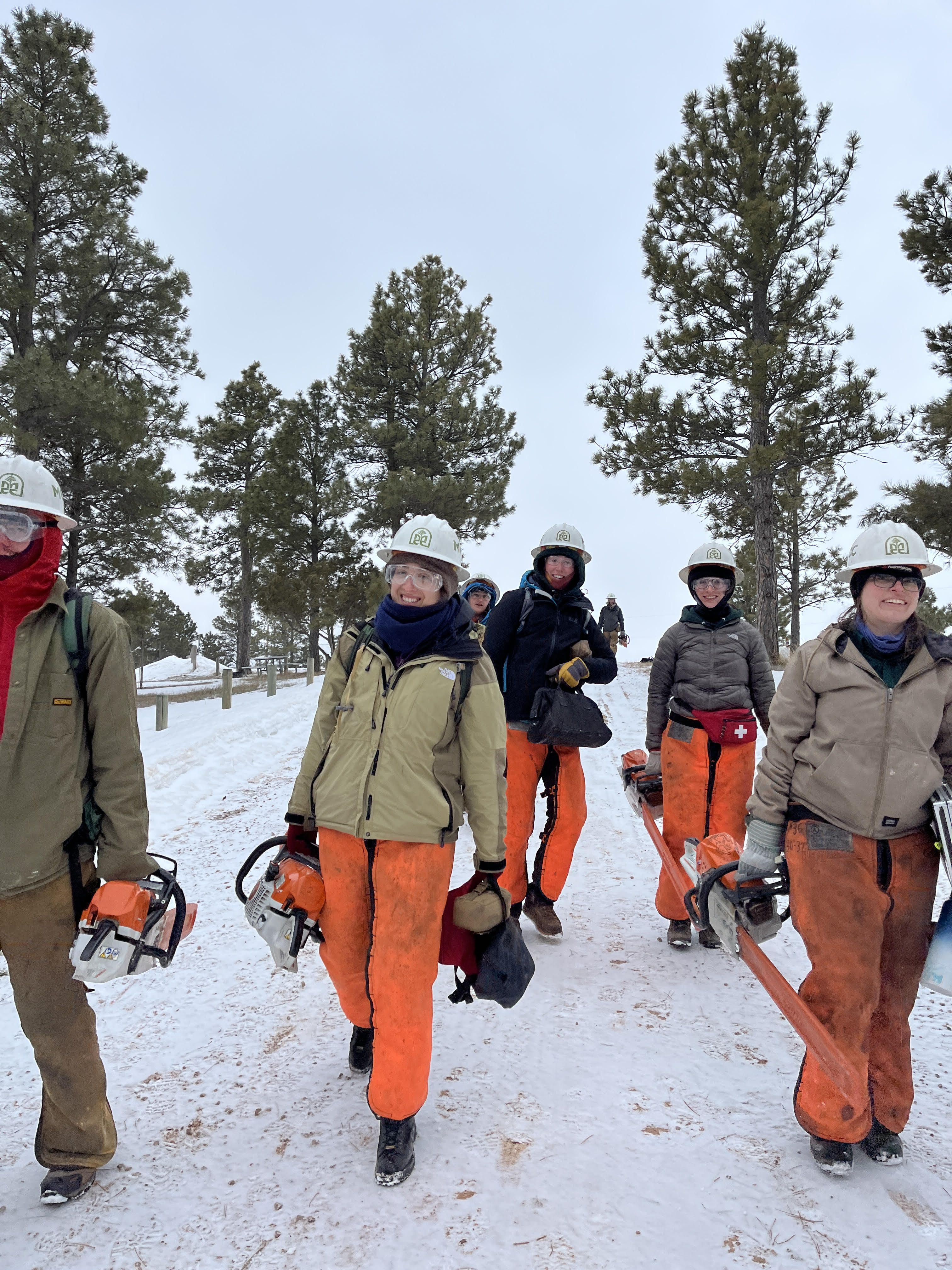 Crew leaders wearing helmets, chaps, and PPE walk towards the camera