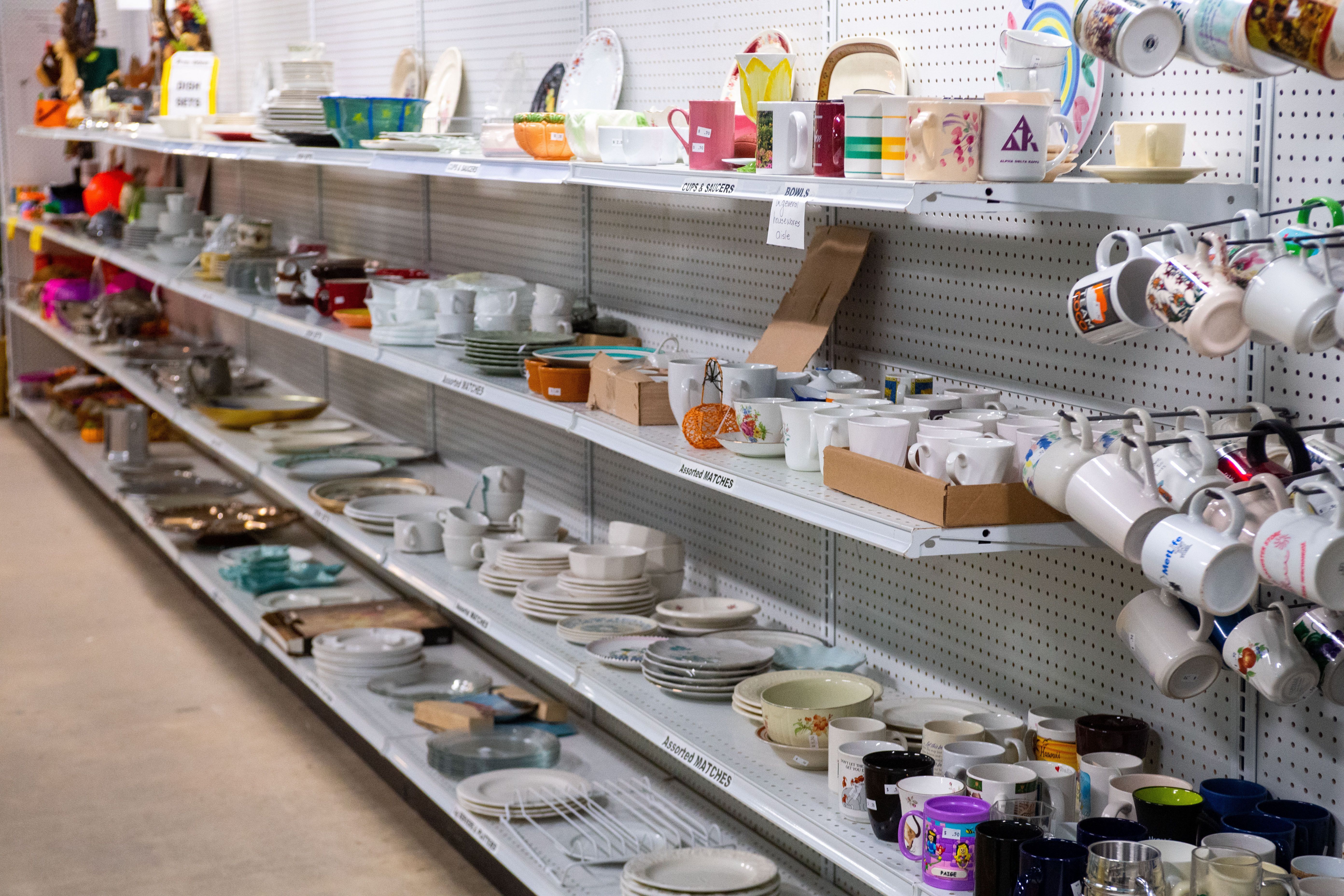Dishes displayed on shelves