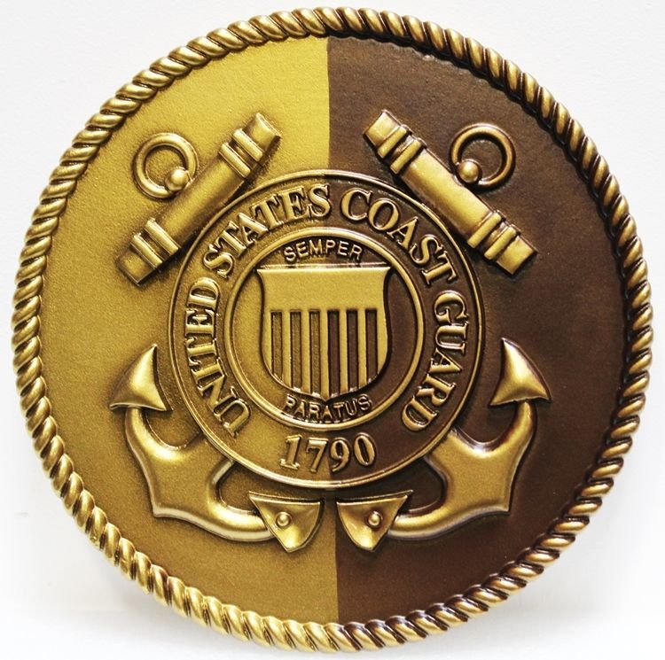 NP-11052 - Carved 3-D Bas-Relief Brass-Plated Plaque of the Seal of the US Coast Guard , with Two Diffrent Colors of Background Patina, Brass and Bronze