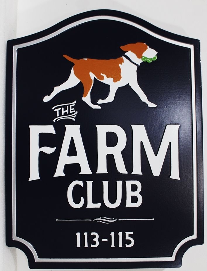 O24509A - Carved 2.5-D HDU Entrance Sign for the "Farm Club" , with A Walking Dog as Artwork
